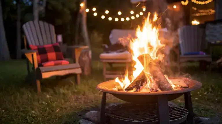 A fire pit with burning logs in a backyard, surrounded by grass. Wooden chairs with cushions and string lights in the background create a cozy, inviting atmosphere in the evening.
