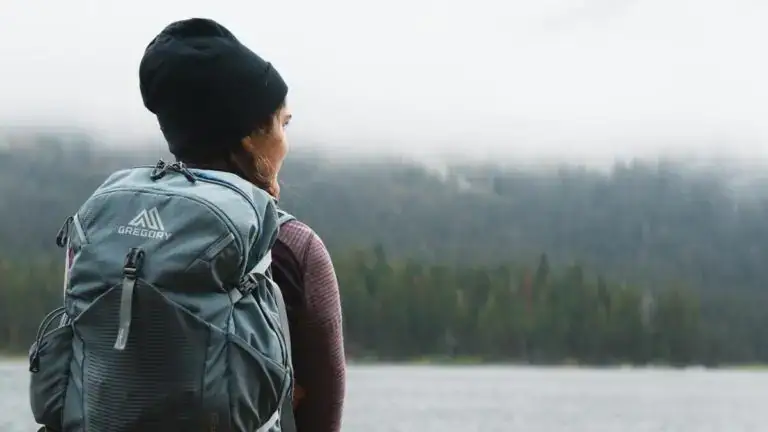A female hiker with a daypack looks over a calm body of water and the foggy pine forest beyond.