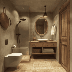 Interior rendering of a well-appointed bathroom with upright shower stall, wall-mounted toilet, and raised basin sink.