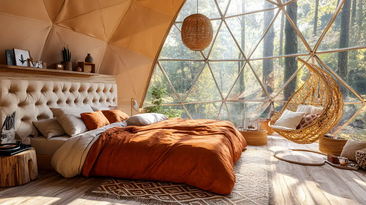 Interior of a geodesic dome with king-size bed and hanging chair. A sunny forest is visible through the large panoramic window.