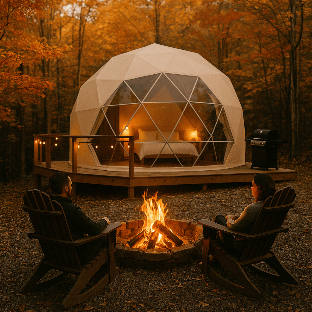 A couple relaxes in Adirondack chairs by a campfire outside a glowing geodesic dome on an autumn night.