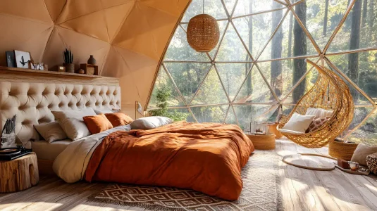 Interior of a geodesic dome with king-size bed and hanging chair. A sunny forest is visible through the large panoramic window.